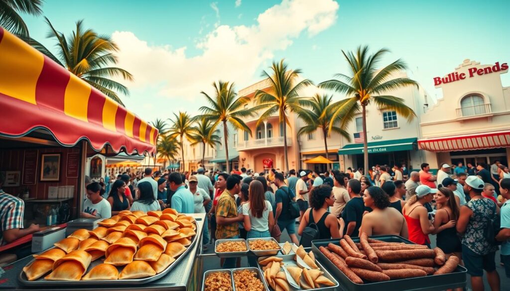 A bustling Colombian street food scene in sunny Miami, captured with a wide-angle lens. In the foreground, a vibrant kiosk showcases an array of empanadas, arepas, and sizzling chorizo. Middle ground features lively crowds sampling the delicacies, with the iconic palm trees and pastel-hued buildings of Miami's art deco district in the background. Warm, golden lighting creates a lively, convivial atmosphere, hinting at the rich cultural fusion of Colombian and Miami influences. The image conveys the energy and flavor of this unique culinary crossroads.