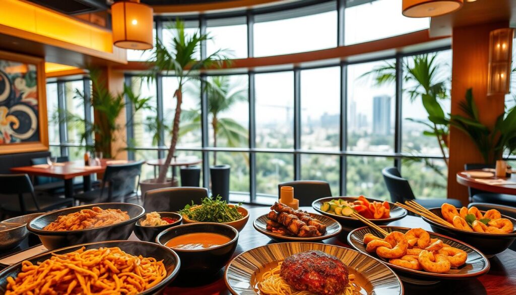 A bustling Japanese restaurant in the heart of Miami, its traditional dishes artfully presented against a backdrop of tropical vibrancy. In the foreground, a feast of sizzling yakisoba, steaming miso soup, and fragrant grilled skewers. Delicate tempura shrimp and crisp cucumber salads adorn the middle ground, while the distant view showcases the lush, palm-fringed cityscape. Soft, warm lighting casts a cozy glow, evoking the essence of authentic Japanese hospitality. The atmosphere is a harmonious blend of Miami's vibrant energy and the timeless elegance of traditional Japanese cuisine.