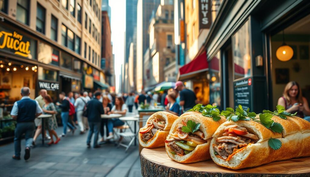 A bustling Manhattan street lined with vibrant storefronts and cafes. In the foreground, an array of delicious Banh Mi sandwiches - freshly baked Vietnamese baguettes filled with succulent roasted pork, tangy pickled vegetables, and fragrant cilantro. The sandwiches are arranged on a wooden display, bathed in warm afternoon sunlight filtering through the storefront's large windows. In the middle ground, customers seated at small tables enjoy their Banh Mi, a lively scene of conversation and laughter. The background features the iconic skyscrapers of Manhattan, creating a harmonious blend of urban and culinary delights.