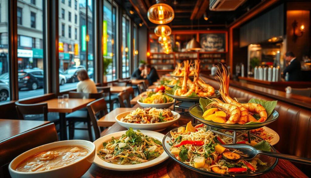 A bustling Vietnamese seafood eatery in the heart of New York City. A sumptuous spread of freshly prepared dishes takes center stage, including steaming bowls of aromatic pho, platters of succulent grilled prawns, and vibrant salads bursting with shredded crab, mango, and crisp veggies. Warm lighting casts a cozy glow, while large windows offer glimpses of the lively city streets beyond. Elegant wooden tables and chairs create an inviting atmosphere, complemented by the gentle hum of conversation and the mouthwatering scents wafting from the open kitchen. A visually captivating representation of the vibrant Vietnamese seafood specialties found in New York's thriving culinary landscape.