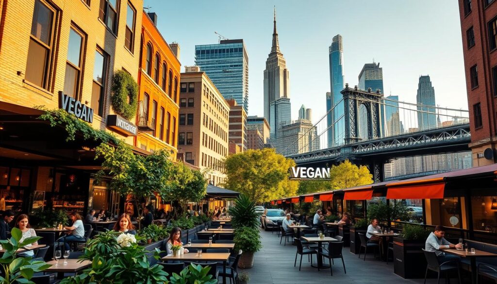 A bustling cityscape of New York City's best vegan restaurants, bathed in warm, golden light. In the foreground, a vibrant outdoor seating area with lush greenery, modern furniture, and patrons enjoying plant-based dishes. The middle ground features the facades of stylish, eco-conscious eateries, their signs and window displays showcasing their mouthwatering vegan offerings. In the background, the iconic skyscrapers and bridges of the Manhattan skyline stand tall, creating a dynamic and inspiring urban setting. The atmosphere radiates a sense of health, sustainability, and culinary excellence, perfectly capturing the essence of the top vegan dining destinations in the city.