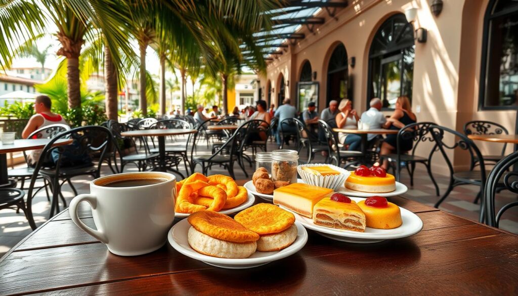 A bustling outdoor café in Miami's Little Havana, the sun streaming through swaying palm fronds. On a weathered wooden table, a steaming café cubano and a selection of traditional Cuban desserts - flaky, golden pastelitos, rich flan, and sweet guava-filled empanaditas. The vibrant colors of the desserts pop against the muted tones of the café's stucco walls and wrought-iron furnishings. The scene is infused with the aroma of roasted coffee and the lively chatter of locals and tourists alike, capturing the essence of Miami's captivating Cuban culinary culture.