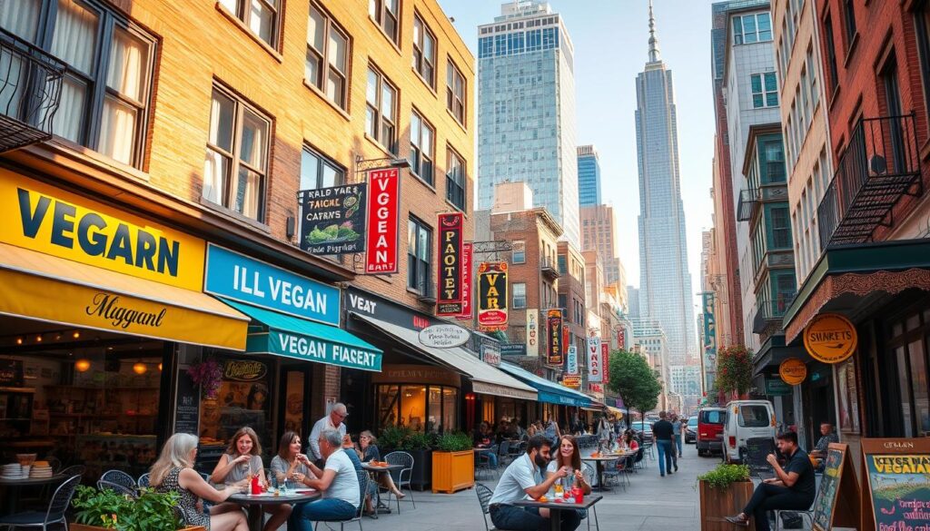 A bustling street in Manhattan's lively vegan district, with vibrant storefronts showcasing plant-based cuisine. In the foreground, a group of diners enjoy a leisurely meal at an outdoor cafe, surrounded by the energy of the city. The middle ground features a diverse array of vegan eateries, their windows displaying tempting plant-based dishes and signage advertising their specialties. In the background, the iconic skyscrapers of Manhattan rise, creating a dynamic urban landscape. The scene is bathed in warm, golden afternoon light, evoking a welcoming and inviting atmosphere. The overall composition captures the essence of Manhattan's premier vegan destinations, where plant-based dining takes center stage.