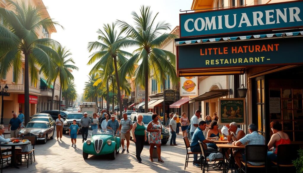 A bustling street scene in Miami's vibrant Little Havana neighborhood. In the foreground, a cozy Colombian restaurant with a colorful, lively exterior, its signage showcasing traditional dishes. Patrons dine at outdoor tables, savoring authentic flavors. In the middle ground, locals and tourists stroll by, drawn in by the enticing aromas. The background features lush palm trees, vintage cars, and the iconic Cuban architecture that defines the neighborhood's character. Warm, golden sunlight filters through, creating a welcoming, neighborhood atmosphere. The overall impression is of a budget-friendly, yet authentic Colombian dining experience in the heart of Miami.