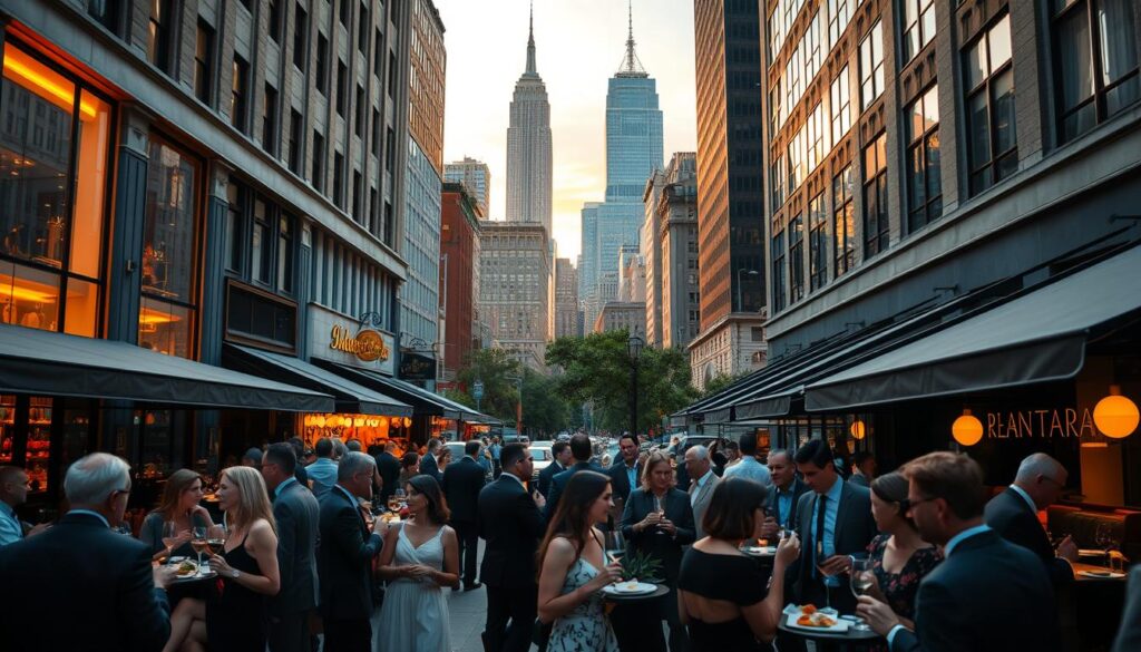 A bustling urban scene of Manhattan's most sought-after Restaurant Week dining hotspots. In the foreground, well-dressed patrons spill out onto lively sidewalks, conversing over glasses of fine wine and gourmet fare. Chic, minimalist restaurant facades line the middle ground, their warm lighting and inviting interiors visible through expansive windows. In the background, the iconic skyscrapers of the Manhattan skyline reach towards a golden-hour sky, creating a stylish, sophisticated atmosphere. The scene is captured through a cinematic, wide-angle lens, emphasizing the energetic, vibrant nature of this culinary event.