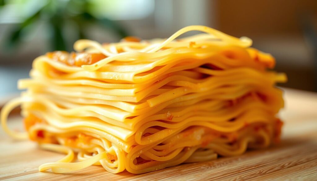 A close-up shot of a cross-section of a homemade ramen noodle lasagna, revealing its distinct layering. In the foreground, translucent ramen noodle sheets, gently parboiled, are carefully arranged, their delicate texture contrasting with the melty, golden-brown mozzarella cheese that fills the gaps between them. The middle ground showcases the gradual build-up of these layers, creating a visually appealing, striped pattern. The background is softly blurred, allowing the viewer to focus on the intricate layering technique that brings this unique dish to life. Warm, natural lighting casts a cozy glow, highlighting the inviting, handcrafted nature of this homemade ramen noodle lasagna.