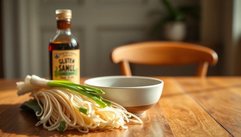 A close-up shot of a stylish wooden table, illuminated by warm, natural lighting. In the foreground, an assortment of gluten-free noodle ingredients are artfully arranged, including a bundle of long, thin rice noodles, a bottle of tamari soy sauce, and a few fresh scallions, their green stalks adding a vibrant pop of color. In the middle ground, a ceramic bowl sits empty, waiting to be filled with the nutritious, gluten-free ramen ingredients. The background is softly blurred, drawing the viewer's attention to the delectable, whole-food components that make up the perfect gluten-free ramen recipe.