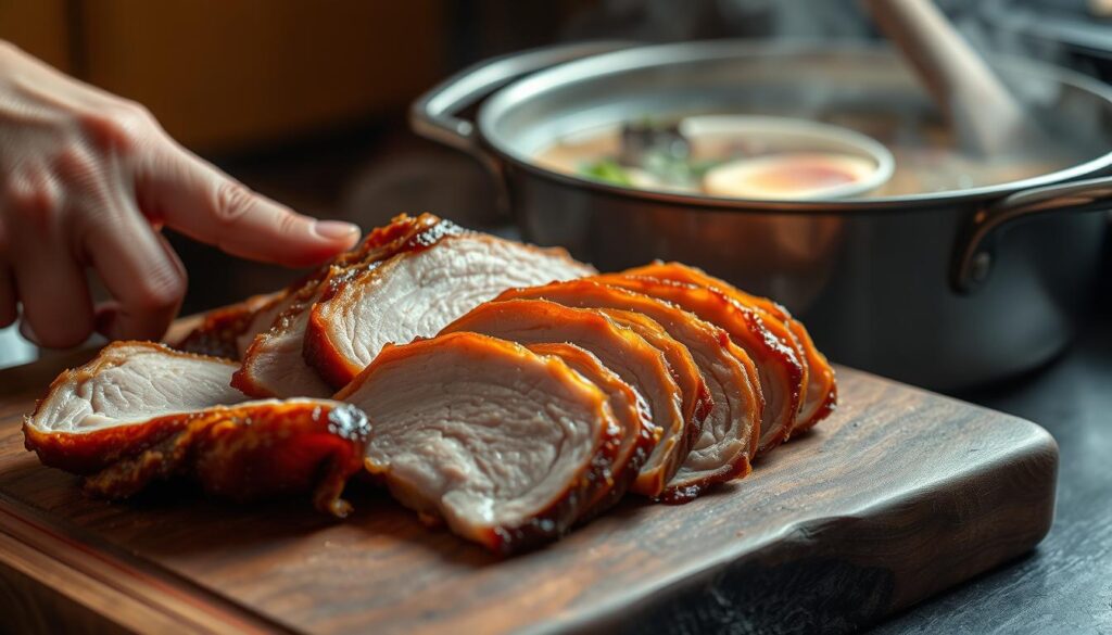 A close-up shot of freshly prepared chashu pork, the signature braised and simmered pork belly topping for Naruto ramen. The pork glistens with a caramelized soy-based glaze, cut into thick, tender slices. In the foreground, a chef's hand carefully arranges the slices on a wooden cutting board, showcasing the gorgeous marbling and deep reddish-brown hue. Behind, a steaming pot of simmering broth, herbs, and spices creates a hazy, atmospheric backdrop, conveying the process of slow cooking this flavorful pork. Soft, diffused lighting illuminates the scene, highlighting the succulent texture and intense umami flavors of the perfect chashu preparation.