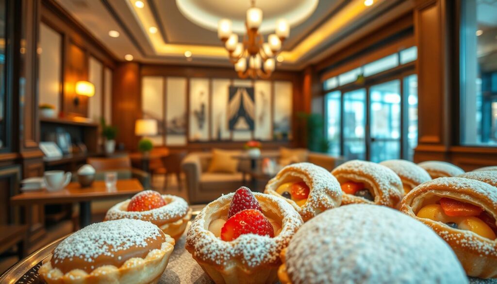 A cozy and inviting Mixue Top-Rated Tea House, bathed in warm, natural lighting. In the foreground, an arrangement of the most popular tea house treats - delicate, artfully crafted pastries, lush with fruit fillings and dusted with powdered sugar. Vibrant colors and intricate details bring these delectable confections to life. The middle ground showcases the elegant tea house interior, with polished wood furnishings, plush seating, and a backdrop of tasteful decor. The atmosphere exudes an air of tranquility and sophistication, inviting the viewer to indulge in these irresistible Mixue specialties. Captured through a medium-wide angle lens, the scene evokes a sense of comfort and temptation, perfectly capturing the essence of the &quot;Best-Selling Mixue Treats and Customer Favorites&quot;.