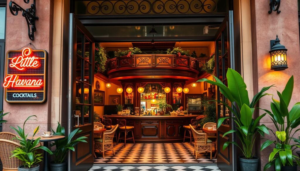 A cozy, authentic Cuban restaurant in Miami's vibrant Little Havana neighborhood. The front façade features a classic neon sign and wrought-iron accents, inviting passersby to step inside. Through the open doorway, glimpse the warm, lively atmosphere - tiled floors, rattan furnishings, and lush tropical plants. In the center, a large, ornate wooden bar serves as the heart of the establishment, bartenders expertly mixing classic Cuban cocktails. The aroma of sizzling plantains, roasted pork, and freshly pressed Cuban coffee wafts through the air, drawing in hungry diners. Soft, golden lighting casts a welcoming glow, setting the mood for an immersive Cuban dining experience.