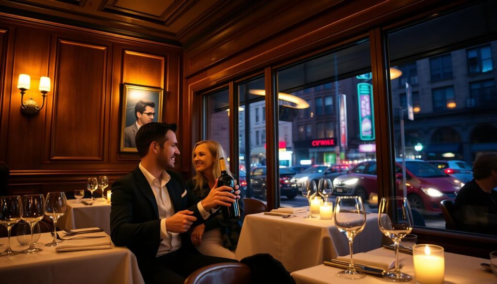 A cozy, candle-lit bistro in the heart of Manhattan, with couples enjoying an intimate, romantic dinner during NYC Restaurant Week. Soft, warm lighting illuminates the elegant, wood-paneled interior, casting a golden glow over the white linen tableccloths and crystal stemware. In the foreground, a well-dressed pair share a bottle of fine wine, their faces aglow as they converse animatedly. Beyond them, the bustling city streets are visible through large picture windows, a stark contrast to the tranquil ambiance within. The overall scene evokes a sense of refined indulgence and the magic of the city at night.