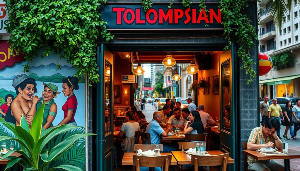 A cozy, family-owned Colombian restaurant nestled in the vibrant heart of Miami, with a charming exterior façade adorned with lush greenery and a vibrant mural showcasing the rich cultural heritage. Through the open doorway, glimpse the warm, inviting ambiance inside, where wooden tables and chairs create an intimate dining experience. In the foreground, a group of patrons enjoy a lively conversation over authentic Colombian dishes, their faces illuminated by the soft, golden lighting. In the background, the bustling streets of Miami provide a dynamic urban backdrop, capturing the energy and diversity of this cosmopolitan city.