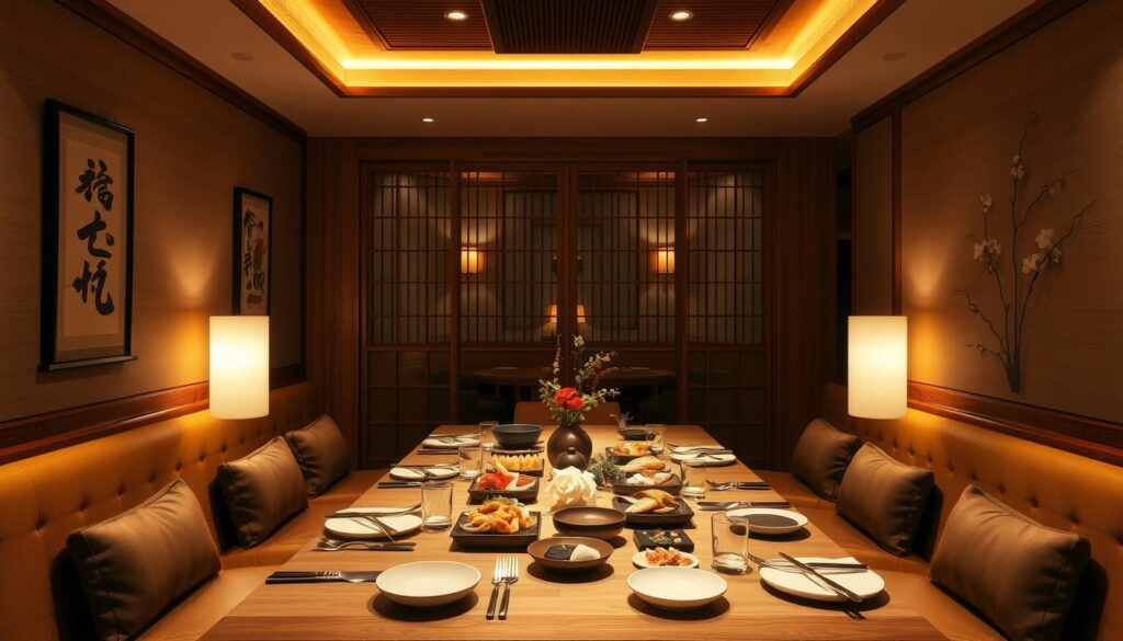 A cozy, intimate Japanese restaurant in Miami, bathed in warm, ambient lighting. The private dining area features a minimalist, zen-inspired design with natural wood accents and elegant shoji screens, creating a sense of tranquility and exclusivity. A large, rectangular dining table is set with fine bone china, delicate chopsticks, and a carefully curated selection of traditional Japanese dishes, including sashimi, tempura, and expertly prepared sushi. The space is adorned with subtle, traditional Japanese decor, such as hanging scroll paintings and carefully placed ikebana floral arrangements. The overall atmosphere evokes a serene, refined experience, perfect for special occasions and private gatherings.