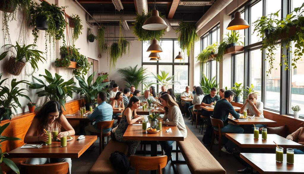 A cozy, plant-filled interior of a modern, Brooklyn-based vegan restaurant. The mid-morning sun streams through large windows, casting a warm glow over wooden tables and plush, earth-toned banquettes. Patrons sip on vibrant green smoothies and tuck into artfully plated dishes showcasing seasonal, locally-sourced ingredients. The atmosphere is lively yet relaxed, with a palpable sense of community. Lush potted plants and hanging greenery line the walls, while sleek pendant lights and muted industrial accents lend an elevated, yet welcoming aesthetic. The overall scene evokes a neighborhood haven for conscious dining.