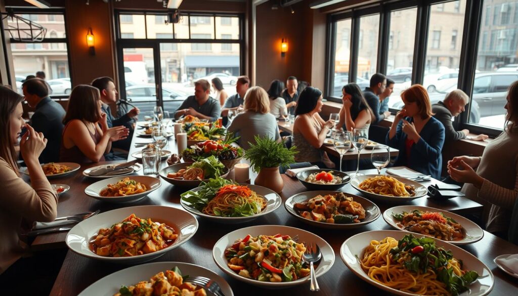A cozy, well-lit Manhattan restaurant scene during Restaurant Week. In the foreground, a lush, colorful display of diverse vegetarian and vegan dishes - from hearty tofu stir-fries to vibrant salads and artisanal pastas. Diners sit around elegant wood-topped tables, engaged in lively conversation, casting warm, soft shadows. The background features large windows overlooking the bustling city streets, with a stylish, minimalist decor and subtle mood lighting, creating an inviting, upscale ambiance. The overall atmosphere is one of refined sophistication and culinary appreciation.