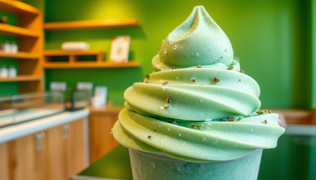 A delightful, frozen masterpiece of Mixue's Green Tea Ice Cream stands out against a bright, verdant backdrop. The ice cream's vibrant emerald hue glistens under soft, natural lighting, inviting a closer look. Atop the smooth, creamy treat, delicate swirls and specks of ground green tea leaves add a textural contrast. The scene is set in a cozy, artisanal ice cream shop, with wooden shelves and a minimalist counter framing the frozen delight. The overall atmosphere conveys a sense of high-quality, innovative indulgence - a perfect representation of Mixue's &amp;amp;quot;Green Tea Ice Cream Innovation&amp;amp;quot;.