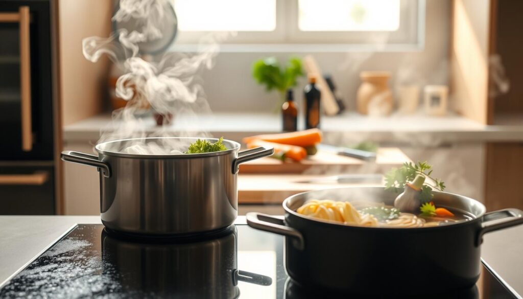 A dimly lit kitchen, steam swirling around a glass-topped cooking surface. In the foreground, a pot of boiling water, tendrils of vapor escaping, as delicate gluten-free ramen noodles are gently lowered into the bubbling liquid. Slices of fresh vegetables - crisp carrots, earthy mushrooms, and vibrant greens - are carefully arranged nearby, ready to be added at the right moment. The middle ground features a wooden cutting board, a sharp knife, and a bottle of gluten-free tamari sauce, the essential seasoning for this authentic ramen experience. In the background, a minimalist, modern kitchen backdrop provides a clean, uncluttered setting, allowing the cooking process to take center stage. Warm, directional lighting casts a soft, inviting glow over the scene, capturing the tactile, sensory nature of this gluten-free ramen preparation.