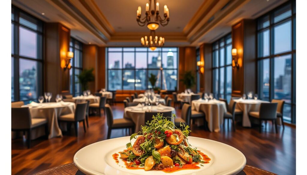 A luxurious, dimly-lit interior of a high-end vegan restaurant in New York City. The foreground features a beautifully plated vegan gourmet dish, with intricate garnishes and artful presentation. The middle ground showcases an elegant dining room with linen-draped tables, polished hardwood floors, and warm lighting from chandeliers and sconces. The background depicts floor-to-ceiling windows overlooking the bustling city skyline, creating a sense of urban sophistication. The overall atmosphere evokes a refined, upscale dining experience with a focus on exceptional vegan cuisine.