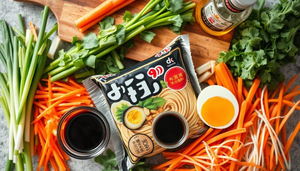 A neatly arranged spread of essential TikTok ramen ingredients, shot from a high angle with soft, natural lighting. In the foreground, a variety of fresh, vibrant vegetables - sliced scallions, julienned carrots, and crisp bean sprouts. In the middle, a pack of instant ramen noodles, a soft-boiled egg with a runny yolk, and a small dish of soy sauce. In the background, a wooden cutting board and a bottle of sesame oil, adding depth and texture to the composition. The overall mood is one of simplicity, freshness, and the promise of a delicious, TikTok-worthy ramen dish.