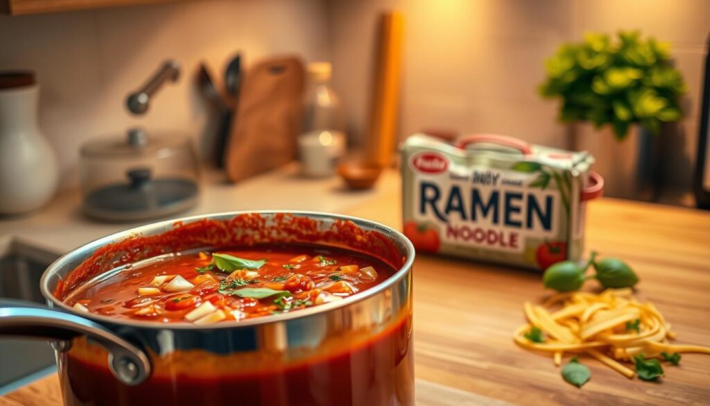 A neatly organized kitchen counter, bathed in warm, diffused lighting. In the foreground, a large saucepan simmers with a rich, velvety tomato-based sauce, simmering with a blend of aromatic spices and herbs. Chopped onions, garlic, and fresh basil leaves add depth and complexity to the sauce. In the middle ground, a package of ramen noodles stands ready, awaiting its transformation into the base of a delectable lasagna. The background is softly blurred, hinting at the culinary adventure to come, as the chef prepares to assemble this unique and flavorful dish.