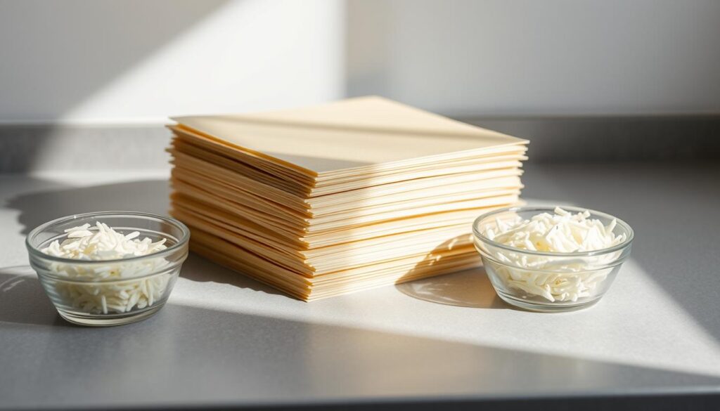 A sleek, minimalist kitchen counter with a stack of neatly arranged, rectangular ramen noodle sheets. Beside them, a transparent glass container filled with shredded mozzarella cheese. The lighting is soft and natural, casting gentle shadows that accentuate the textures. The scene exudes a sense of organization and preparedness, hinting at the storage and reheating techniques for this unique ramen lasagna dish. The overall composition suggests a practical, yet visually appealing presentation of the key ingredients.