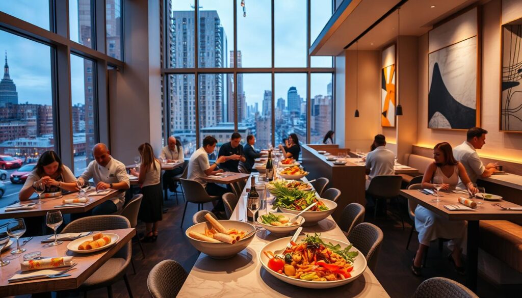 A sleek, modern restaurant interior with floor-to-ceiling windows overlooking the bustling streets of New York City. The dining area is bathed in warm, soft lighting, casting a cozy ambiance. On the tables, an artful display of Vietnamese fusion dishes - delicate spring rolls, fragrant pho, and vibrant vegetable stir-fries, plated with a contemporary twist. Chefs in crisp white uniforms work diligently in an open kitchen, skillfully blending traditional Vietnamese flavors with innovative culinary techniques. The walls are adorned with abstract Vietnamese-inspired artwork, complementing the minimalist, yet elegant decor. Patrons, a mix of local foodies and curious diners, enjoy their meals against the backdrop of the Manhattan skyline visible through the windows.