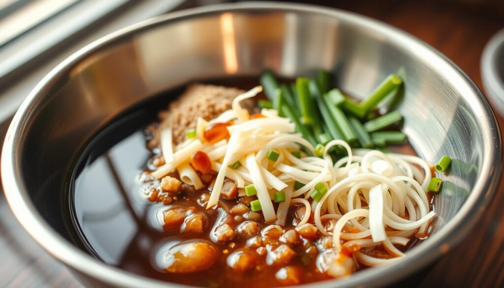 A stainless steel bowl filled with an array of ramen sauce ingredients, bathed in warm, diffused lighting. In the foreground, soy sauce, mirin, and brown sugar glisten, while in the middle ground, thinly sliced garlic, ginger, and scallions create a vibrant, aromatic composition. The background is blurred, allowing the focus to remain on the essential elements needed to craft the signature Chashu braising sauce, the heart of the Naruto ramen dish.