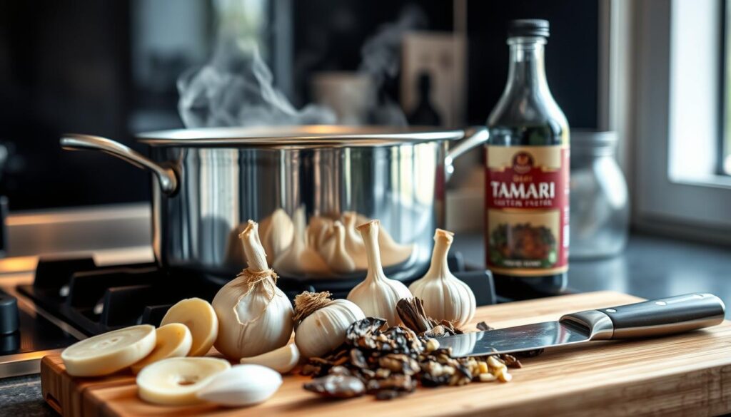 A stainless steel pot simmers on a gas stove, steam rising in delicate wisps. In the foreground, a selection of fresh, organic ingredients are carefully arranged: sliced ginger, fragrant garlic cloves, dried shiitake mushrooms, and a bottle of gluten-free tamari. The middle ground features a wooden cutting board with a sharp knife, ready to mince the aromatics. Soft, natural lighting filters through a window, casting a warm glow over the scene. The overall atmosphere evokes a sense of mindful, unhurried preparation, as if the viewer is about to embark on a culinary journey to create the perfect gluten-free ramen broth.