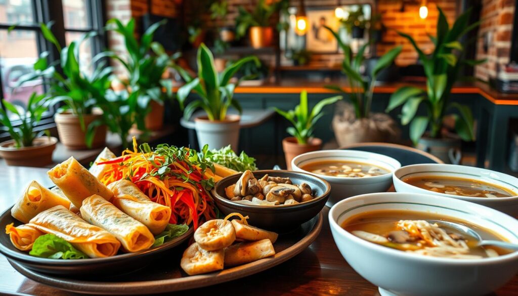 A vibrant Vietnamese vegetarian feast unfolds before us in a cozy NYC eatery. In the foreground, an artful arrangement of sizzling veggie spring rolls, crisp green papaya salad, and aromatic lemongrass tofu, all bursting with bold flavors. In the middle ground, steaming bowls of fragrant pho, with noodles and mushrooms swimming in a rich, savory broth. The background is a warm, inviting scene, with lush potted plants, exposed brick walls, and soft, diffused lighting casting a welcoming glow. The atmosphere is one of relaxed sophistication, where diners can savor the best of Vietnamese cuisine's meatless delicacies in the heart of the city.