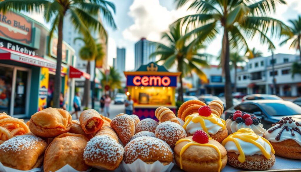 A vibrant display of Colombian delights in the heart of Miami's bustling streets. In the foreground, an assortment of traditional pastries and desserts, including flaky empanadas, luscious arequipe-filled churros, and colorful fruit-topped obleas. The middle ground features a cozy bakery, its facade adorned with lively murals and signage showcasing the tantalizing offerings. In the background, the sun-drenched cityscape of Miami's eclectic neighborhoods, palm trees swaying gently. The scene is bathed in warm, golden light, capturing the inviting atmosphere of a beloved Colombian culinary haven thriving within the dynamic urban landscape.