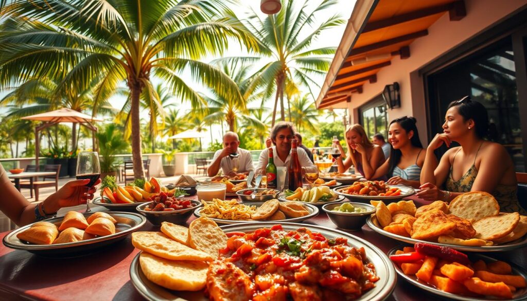 A vibrant scene of Colombian cuisine in the heart of Miami. In the foreground, a table laden with iconic dishes - sizzling empanadas, aromatic bandeja paisa, and colorful patacones. Diners savor the flavors against a backdrop of lush palm trees and a sun-drenched terrace, creating a lively, tropical atmosphere. Warm lighting casts a golden glow, capturing the warmth and conviviality of a traditional Colombian dining experience. The scene is shot with a wide-angle lens, emphasizing the bustling energy of the setting. An immersive, mouthwatering glimpse into the best of Colombian cuisine thriving in the vibrant, multicultural city of Miami.