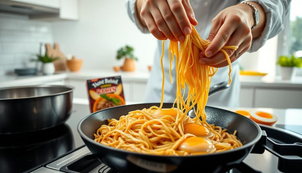 A vibrant, step-by-step cooking process for TikTok-style ramen. In the foreground, a chef's hands skillfully preparing the dish - cracking fresh eggs, adding seasonings, and tossing the noodles in a sizzling pan. The middle ground showcases the key ingredients, from the instant ramen block to the soft, golden yolks. In the background, a clean, minimalist kitchen setting with natural lighting, creating a modern, social media-friendly atmosphere. The overall scene conveys a sense of effortless culinary mastery, perfect for visually captivating an online audience.