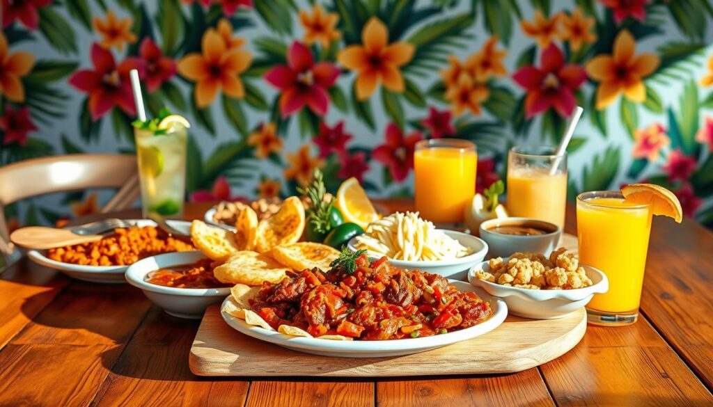 A vibrant still life showcasing the alluring flavors of Cuban cuisine and beverages. In the foreground, a wooden table is adorned with a colorful array of traditional Cuban dishes - sizzling ropa vieja, crisp tostones, and fragrant moros y cristianos. Alongside, an assortment of iconic Cuban drinks are presented, including a frosty mojito, a rich and creamy café con leche, and a refreshing glass of vibrant tropical fruit juice. Warm, natural lighting casts a soft glow, accentuating the mouthwatering textures and vibrant colors. The background features a subtle pattern of tropical flora, hinting at the lush, sun-drenched atmosphere of a Cuban café. The overall composition evokes the lively, convivial spirit of Cuban culinary traditions.