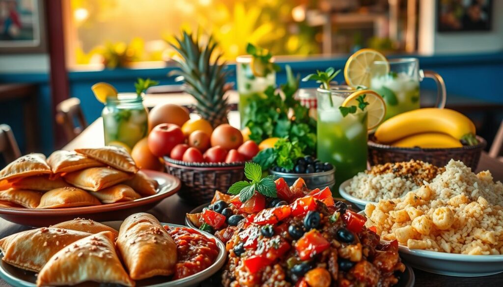 A vibrant still life showcasing the iconic flavors of Cuban cuisine. In the foreground, a selection of authentic dishes - flaky empanadas, sizzling ropa vieja, fragrant black beans and rice, and crisp fried plantains. The middle ground features a lively arrangement of tropical fruits, fresh herbs, and a pitcher of cool, refreshing mojitos. The background is bathed in warm, golden light, evoking the sun-drenched ambiance of a bustling Havana cafe. The scene is captured with a shallow depth of field, drawing the viewer's eye to the mouthwatering details of these signature Cuban culinary delights.