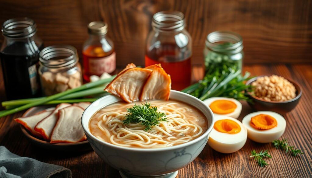 A visually arresting still life arrangement showcasing the essential ingredients for an authentic Naruto ramen dish. In the foreground, a steaming bowl of ramen noodles is surrounded by an assortment of carefully placed elements: slices of tender chashu pork, bright-white narutomaki fish cakes, fresh scallions, and a hard-boiled egg with a perfectly runny yolk. The middle ground features glass jars filled with seasoning essentials like soy sauce, mirin, and dashi. In the background, a wooden surface with natural textures creates a warm, rustic ambiance, evocative of a traditional Japanese kitchen. The lighting is soft and diffused, casting gentle shadows that add depth and dimension to the scene. Shot with a shallow depth of field, the focus draws the viewer's attention to the luscious, mouthwatering ramen ingredients.