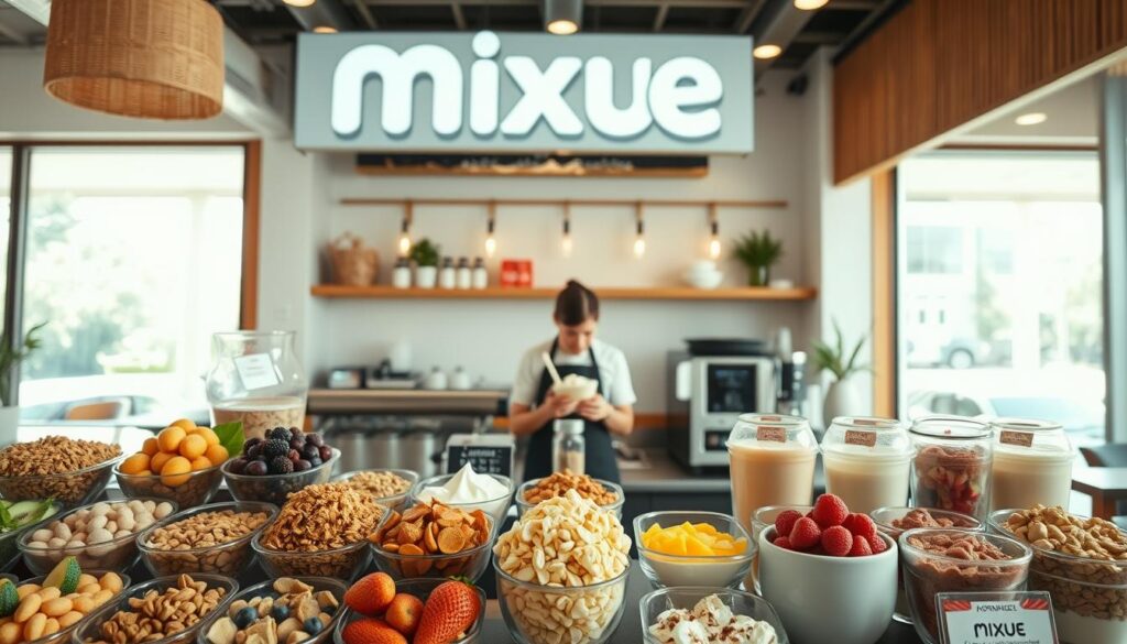 A well-lit, high-resolution image of the Mixue Ice Cream &amp;amp;amp; Tea counter, showcasing a variety of healthier customization options. In the foreground, a clean, inviting display features an array of fresh fruit toppings, nuts, granola, and low-fat dairy options. The middle ground shows a barista meticulously assembling a customized ice cream or tea order, highlighting the care and attention to detail. The background features the warm, modern decor of the Mixue cafe, with natural lighting filtering in through large windows. The overall atmosphere conveys a sense of wellness, quality, and the ability to create a delicious, nutritious treat.