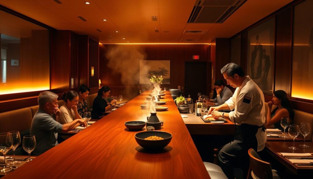 An intimate dining room bathed in warm, golden light, with a long wooden counter where a skilled sushi chef prepares a meticulously crafted Omakase experience. Patrons sit transfixed, watching the precise slicing of the freshest seasonal fish, accompanied by delicate garnishes and thoughtful pairings. The atmosphere is one of reverence and anticipation, as each course unfolds like a carefully choreographed performance, showcasing the art and tradition of Japanese culinary mastery in the heart of Miami's vibrant cultural landscape.