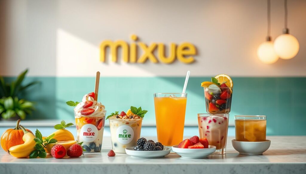 Mixue Ice Cream &amp;amp; Tea Healthy Menu Options: A vibrant, minimalist scene showcasing a selection of Mixue's refreshing and nutritious treats. In the foreground, an assortment of ice cream cups and tea glasses with fresh fruits, vegetables, and healthy toppings. A clean, modern countertop with a Mixue logo sign in the background. Soft, natural lighting illuminates the scene, creating a calming, inviting atmosphere. The overall composition emphasizes the freshness, quality, and health-conscious nature of Mixue's menu offerings.